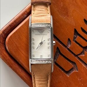 Armani leather band square watch 3 hands diamond bezel simulates new battery